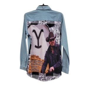 Art Walk blue cowboy western blouse size S Cole Houser Bellisima Design